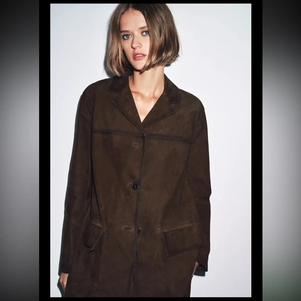 ZARA 100% SUEDE LEATHER BLAZER JACKET - Picture 3 of 12
